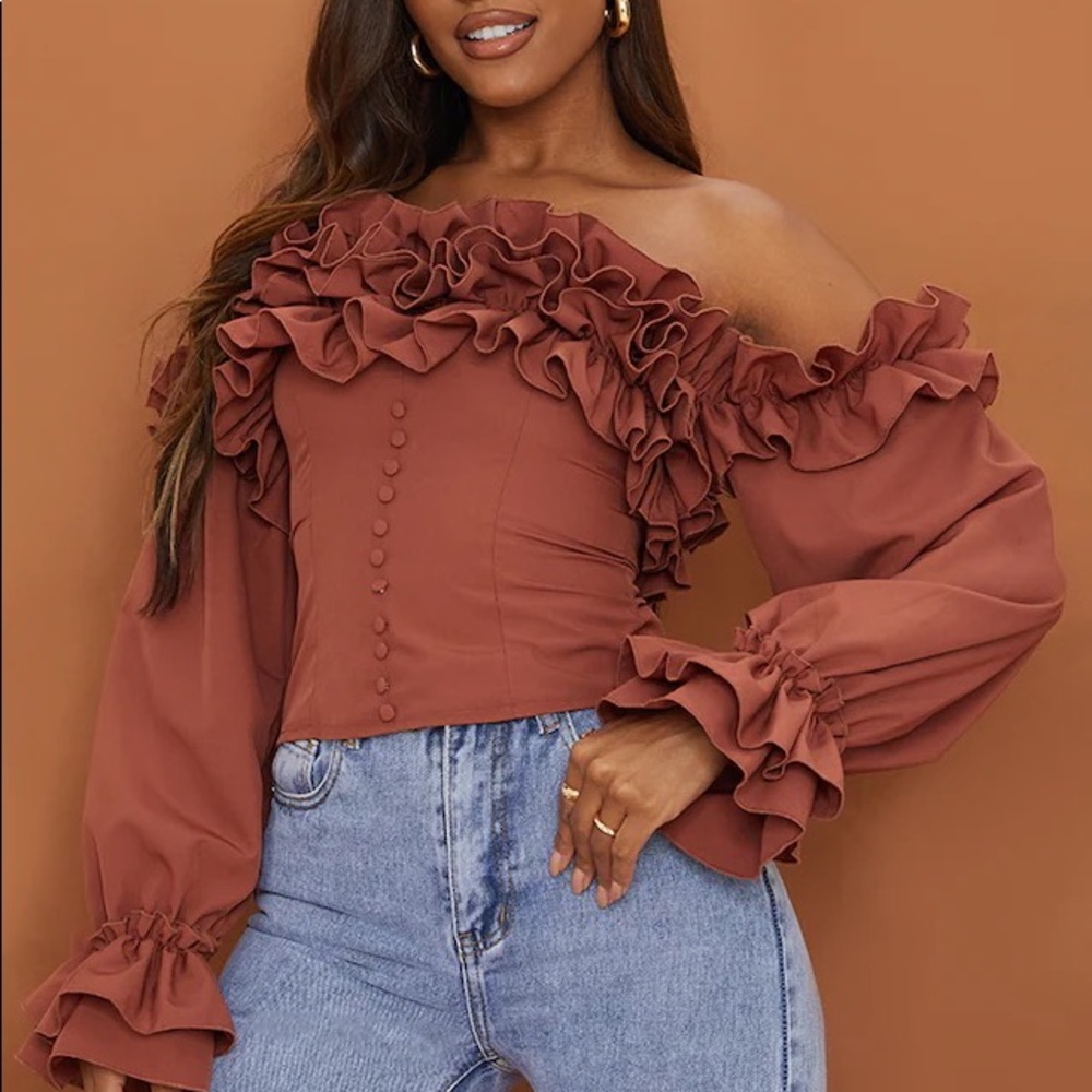 Chocolate Ruffle Hem Off Shoulder Long Sleeve Top